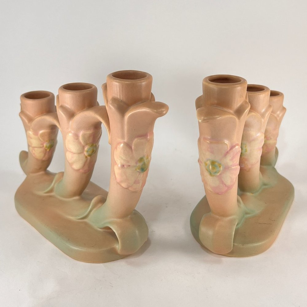 Vtg Weller Candle Holder Pottery Stoneware Wild Rose Triple Flower Art Deco 30s